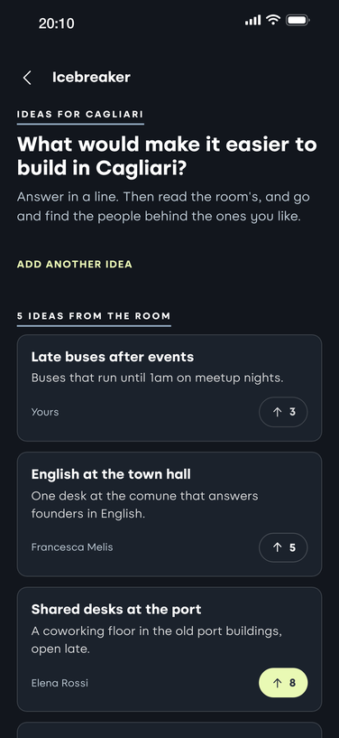 Icebreaker tab with ideas from the room